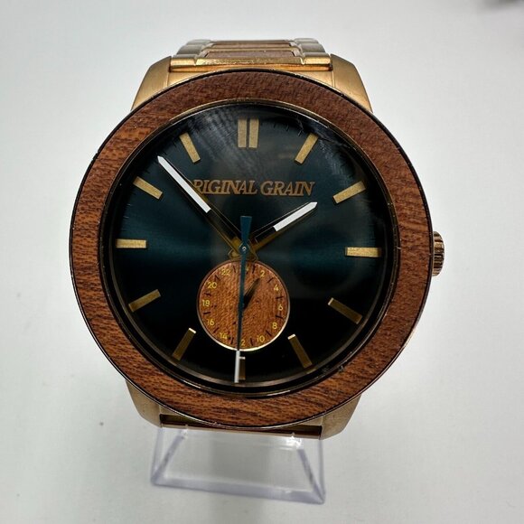 Original Grain Watch Men Rose Gold Brown Wood Grain Green Dial New Battery 7.5"